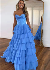 Lesley|A - Line Sweetheart Chiffon Corset Ruffled Long Blue Prom Dress with Slit - Blue - PromDressClub